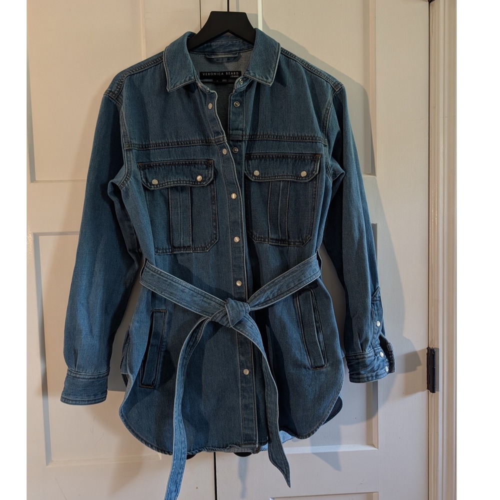 Veronica Beard Mikaela Denim Shacket S Pearl Snap Tie Waist Utility Jacket Blue
